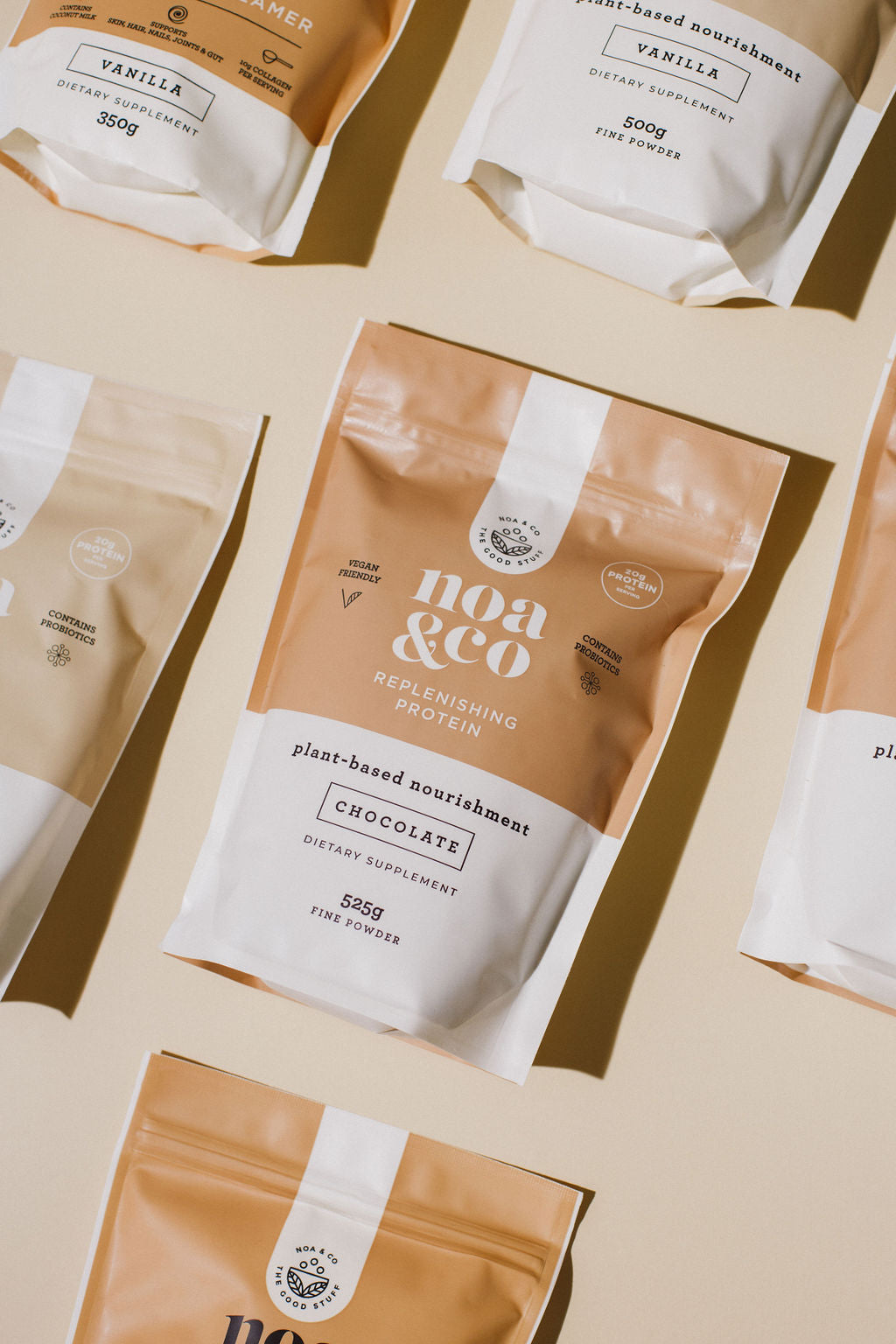 Many bags of Chocolate Plant-based Vegan Protein powder | Noa & Co