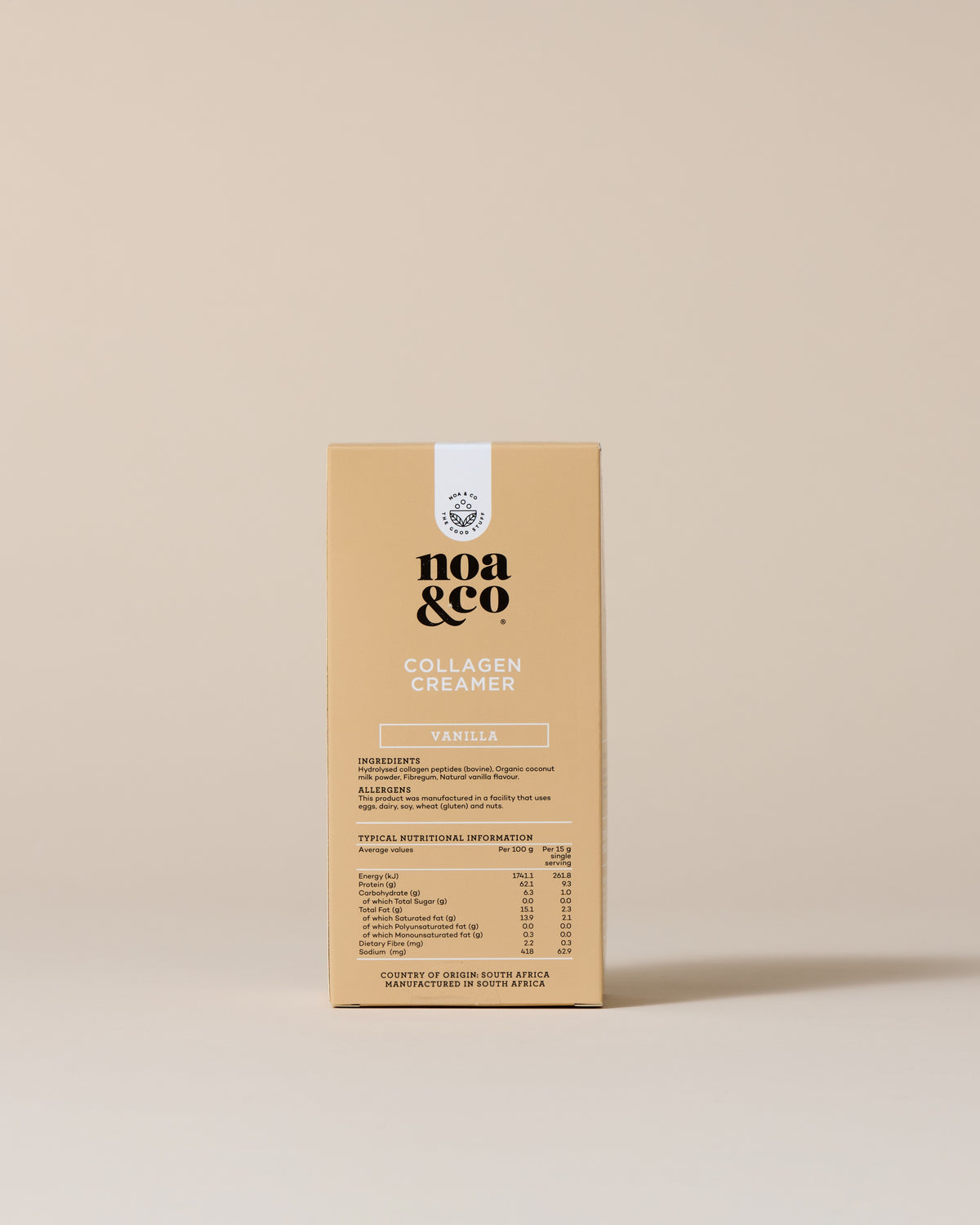 Noa & Co Collagen Creamer 10 sachets box, back with nutritional information