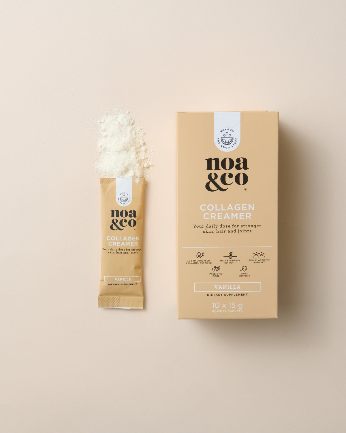 Noa & Co Collagen Creamer 10 sachets box, with sachet and powder