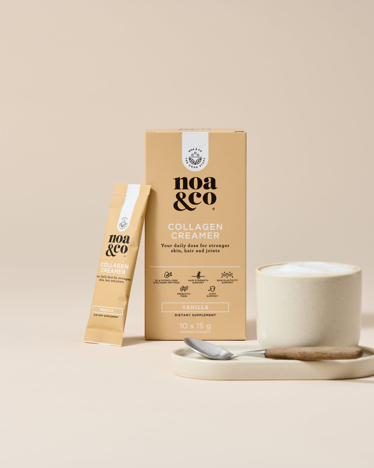 Noa & Co Collagen Creamer 10 sachets box, with sachet and coffee cup