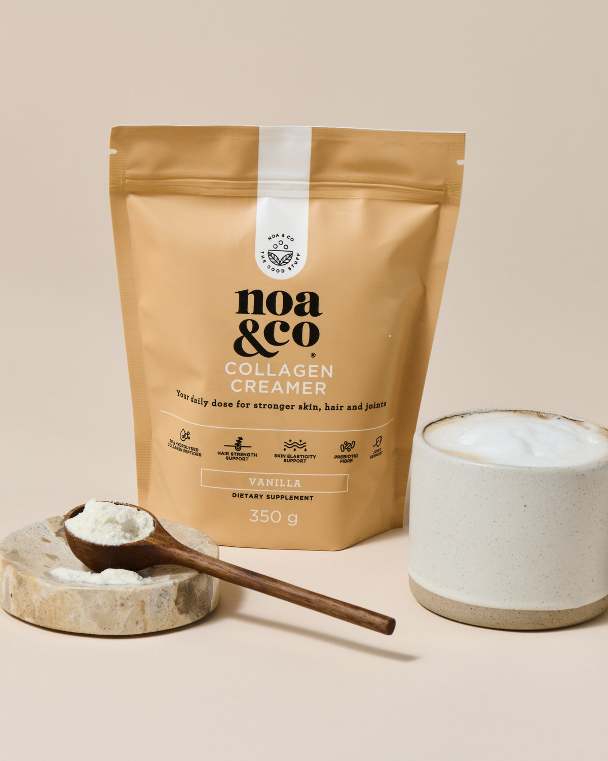 Noa & Co Vanilla Collagen Creamer pouch, with coffee