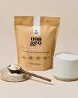 Noa & Co Vanilla Collagen Creamer pouch, with coffee