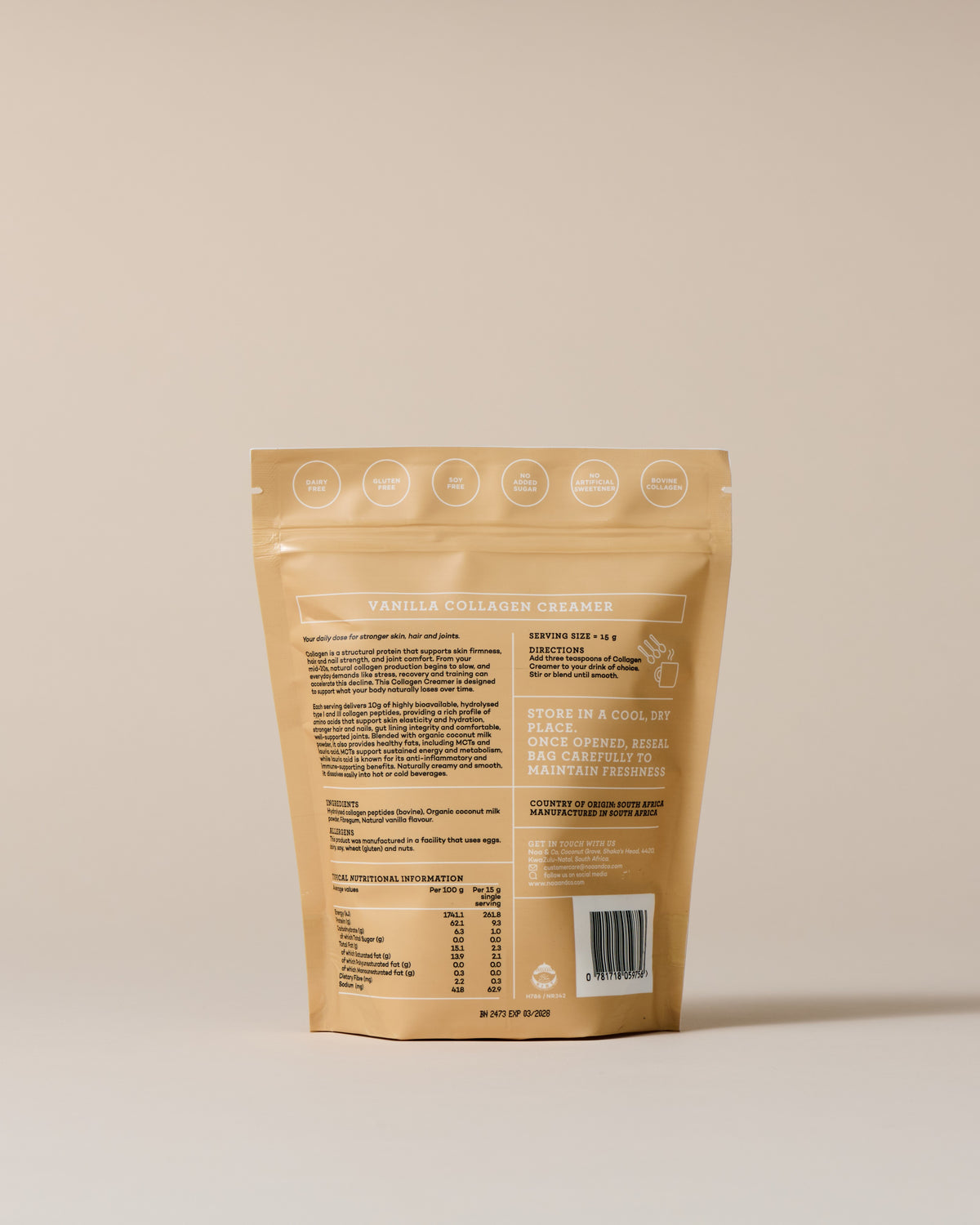 Noa & Co Vanilla Collagen Creamer pouch, back with nutritional information
