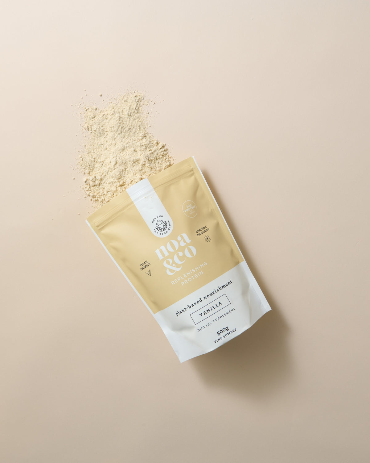 Noa & Co Vanilla Replenishing Protein pouch, with powder pouring out