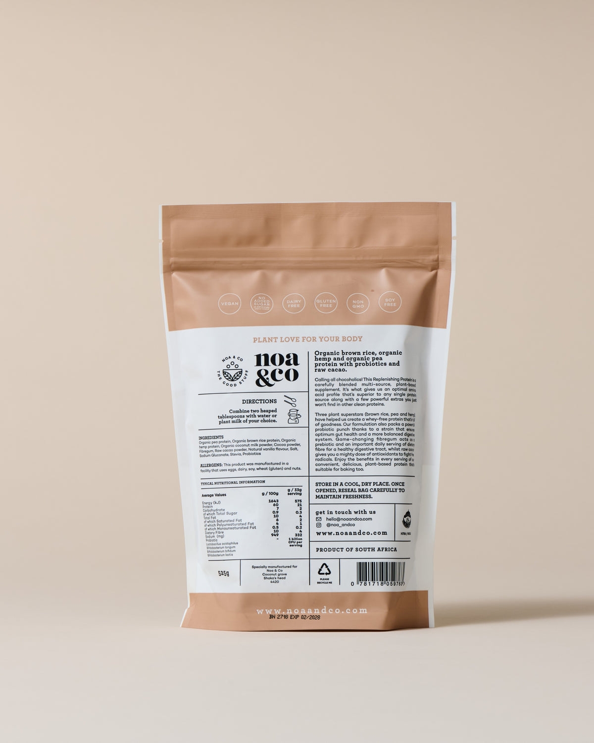 Noa & Co Chocolate Replenishing Protein pouch, back with nutritional information