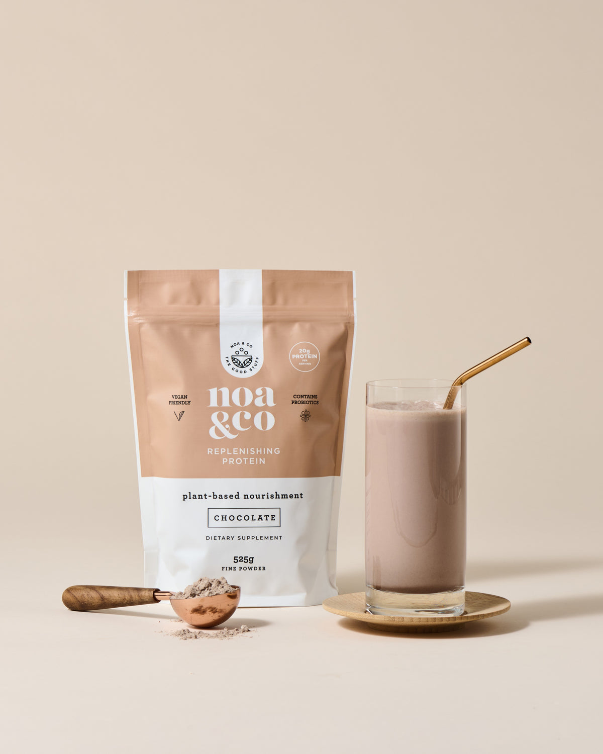 Noa & Co Chocolate Replenishing Protein pouch, with chocolate shake