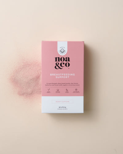 Noa & Co Breastfeeding Support 30 sachets box, front with pink powder