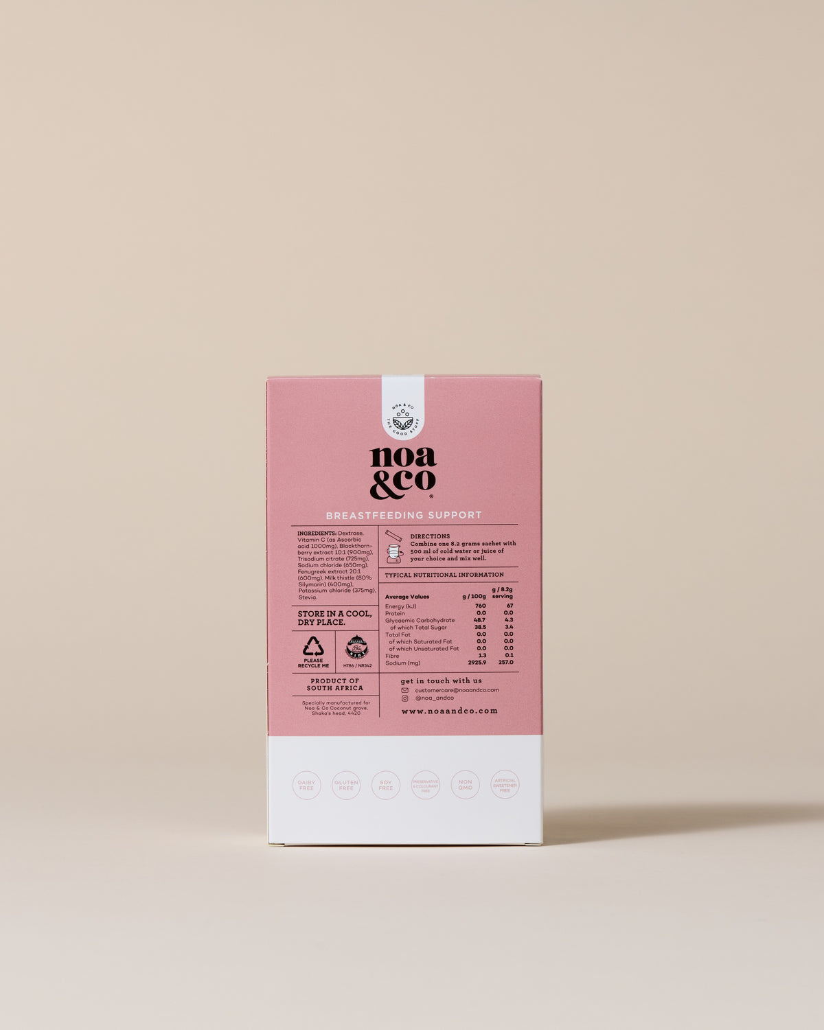 Noa & Co Breastfeeding Support 30 sachets box, back with nutritional information