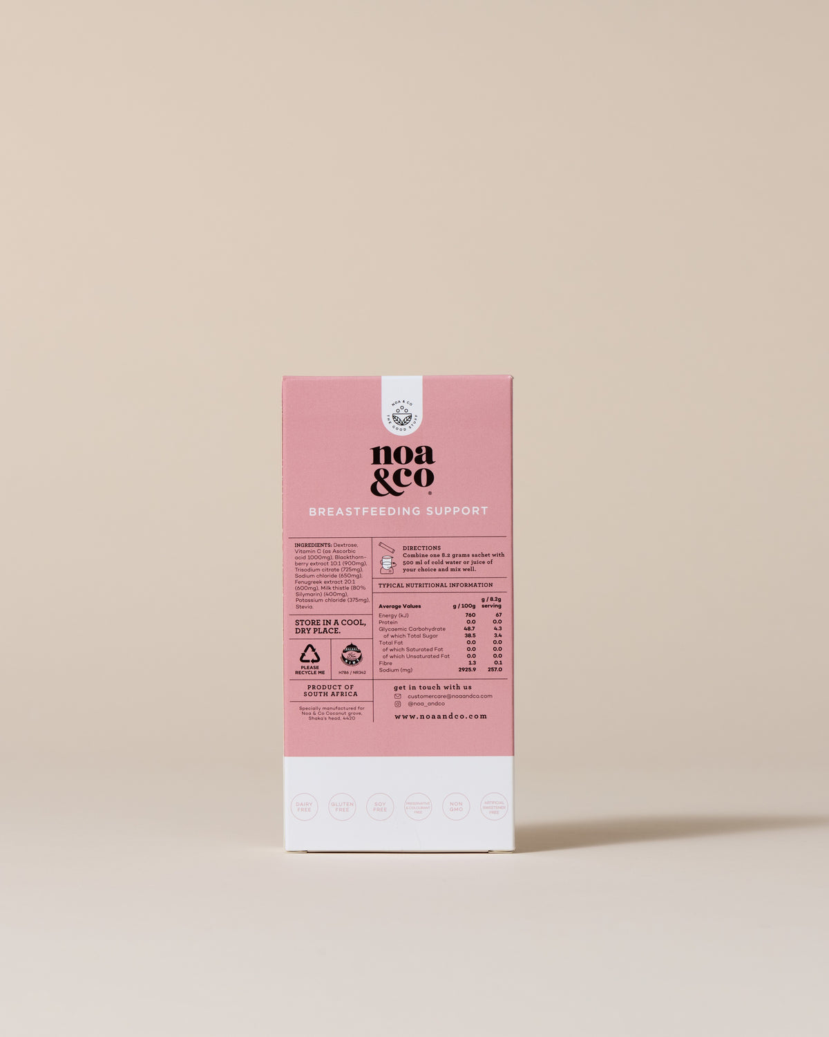 Noa & Co Breastfeeding Support 10 sachets box, back with nutritional information