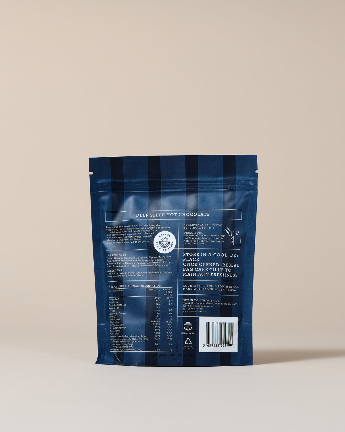 Noa & Co Deep Sleep Hot Chocolate pouch, back with nutritional information