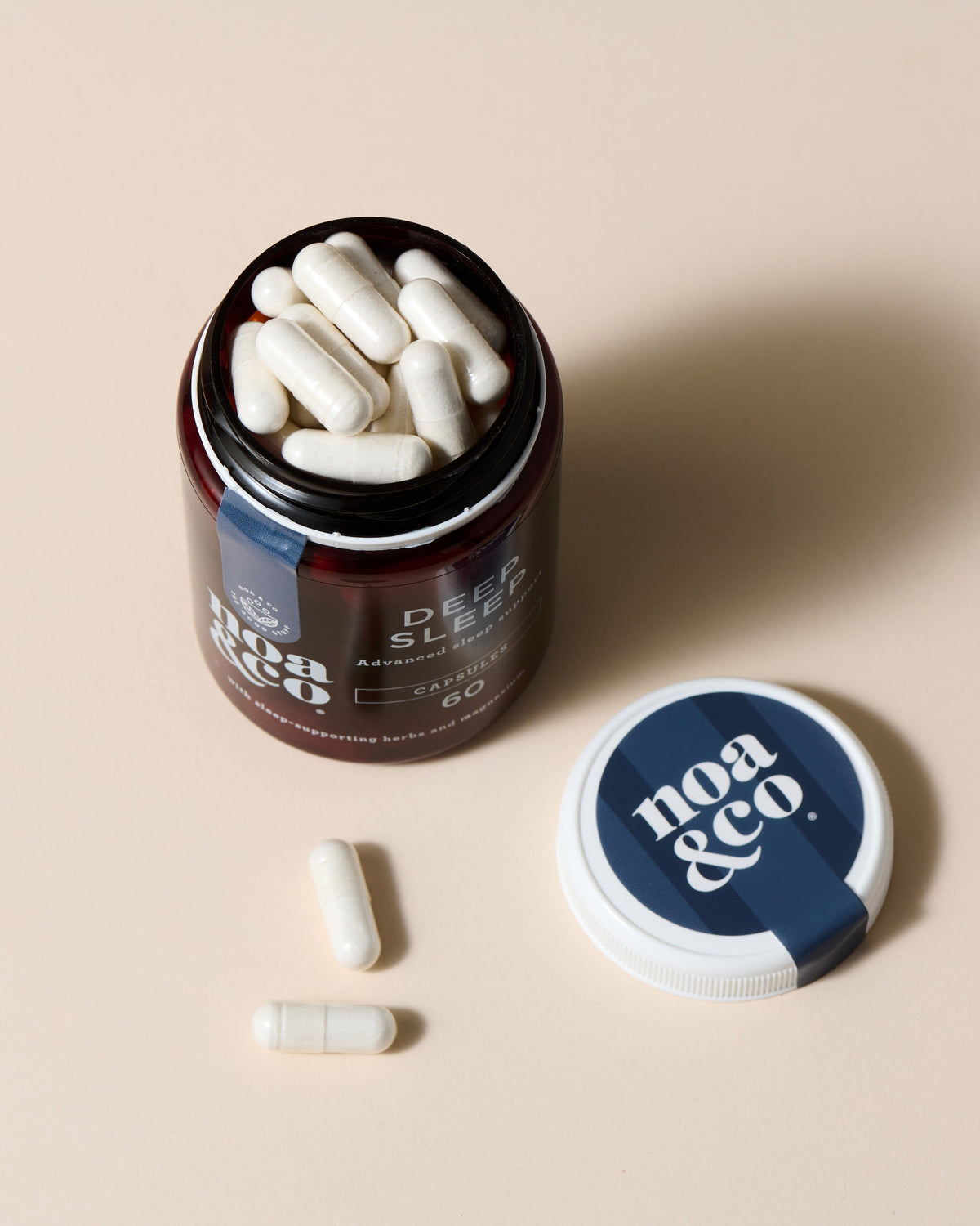 Noa & Co Deep Sleep Capsules, open bottle with capsules