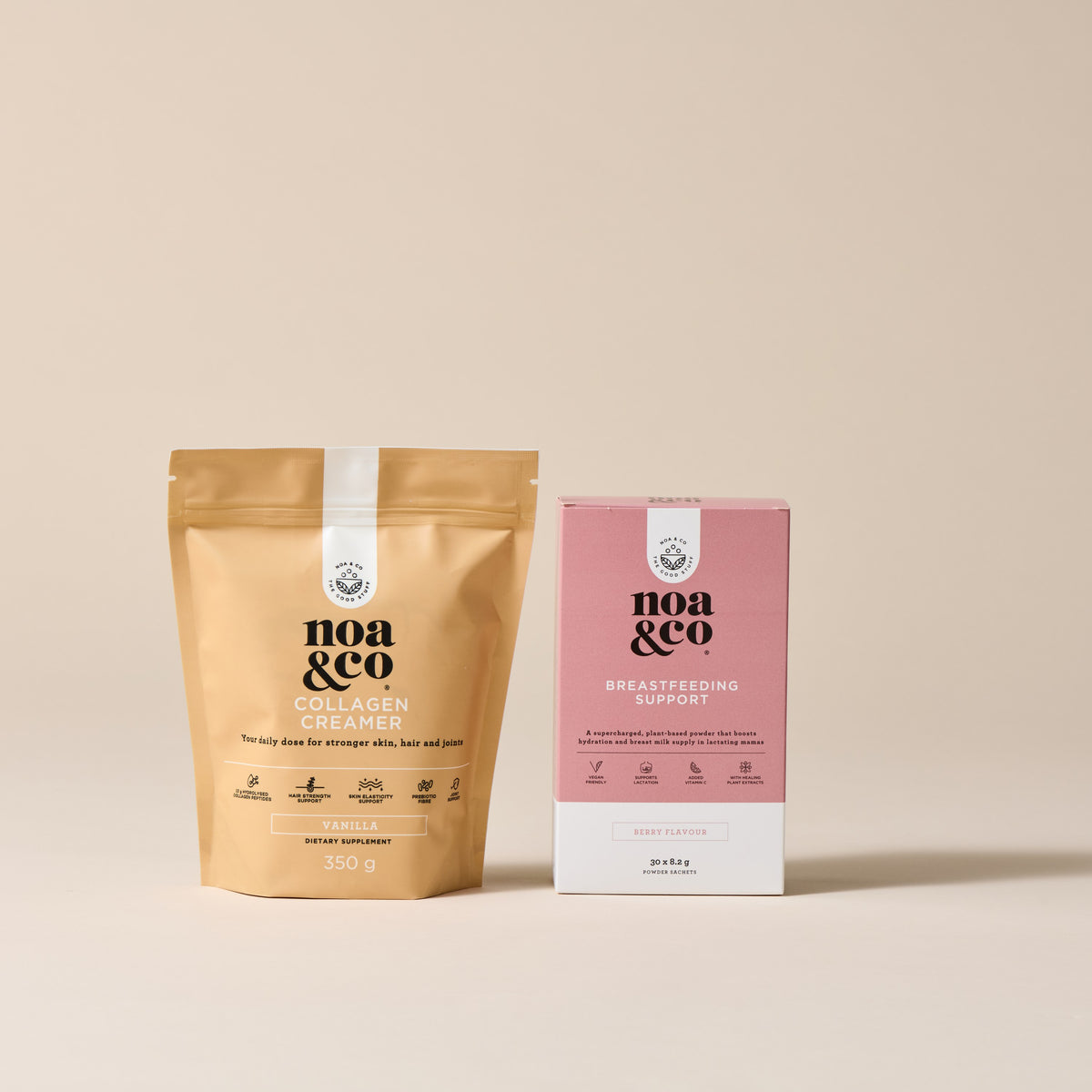 Noa & Co Mama Collagen: Vanilla Collagen Creamer pouch and Breastfeeding Support box