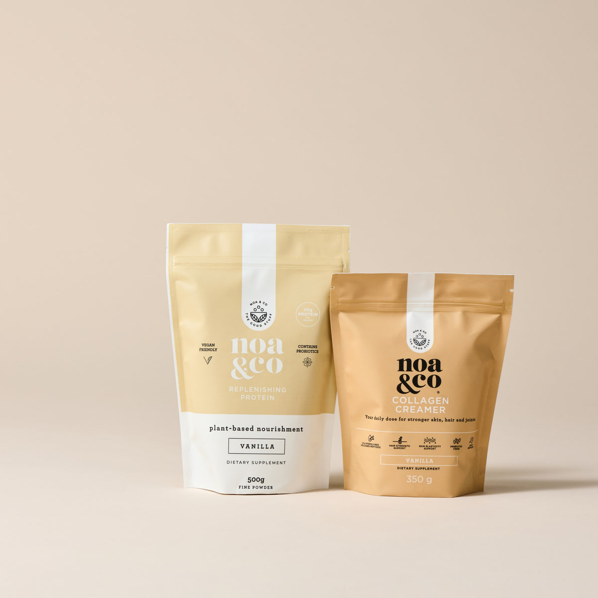Noa & Co Vanilla Replenishing Protein & Collagen Bundle: Vanilla Replenishing Protein pouch and Vanilla Collagen Creamer pouch