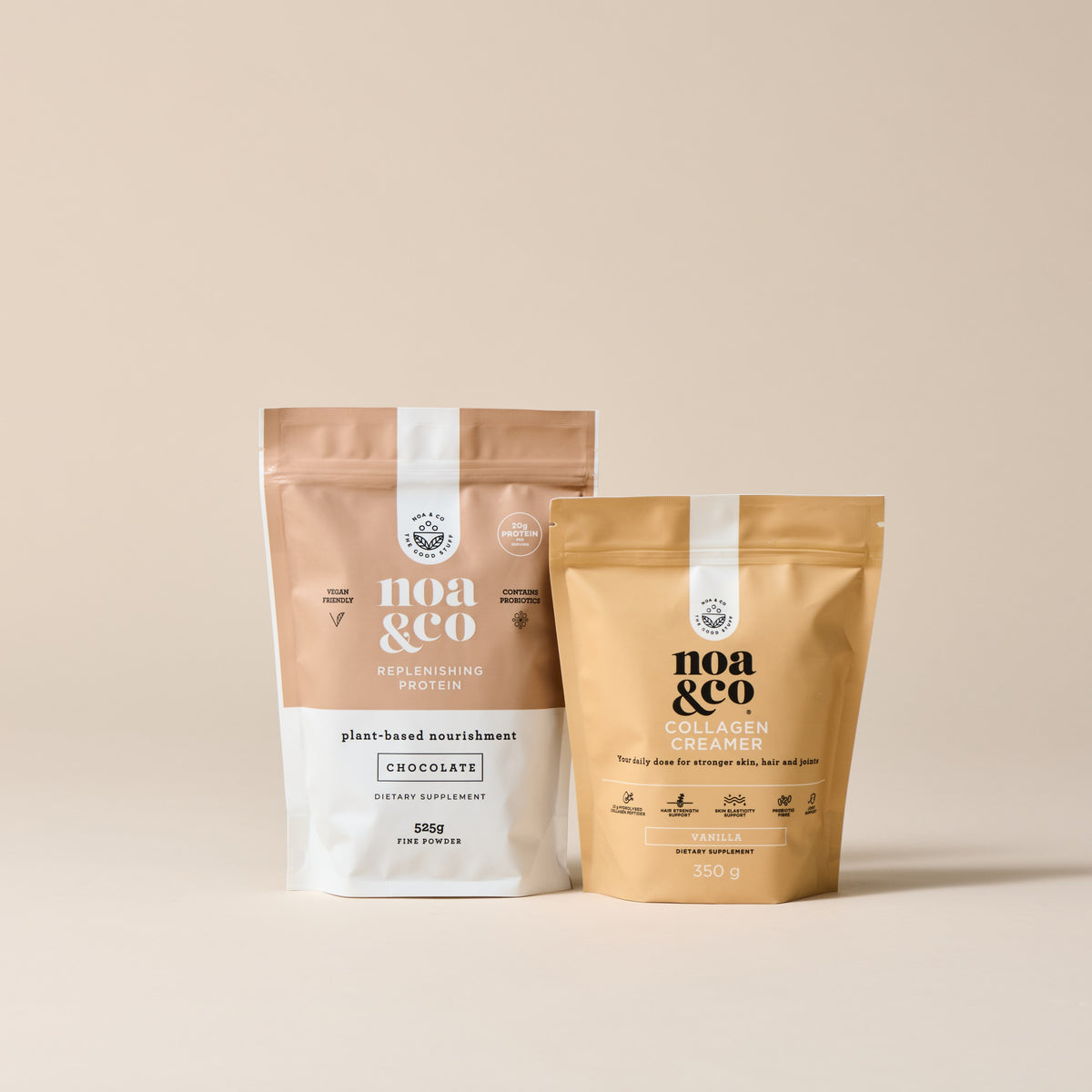 Noa & Co Chocolate Replenishing Protein & Collagen Bundle: Chocolate Replenishing Protein pouch and Vanilla Collagen Creamer pouch