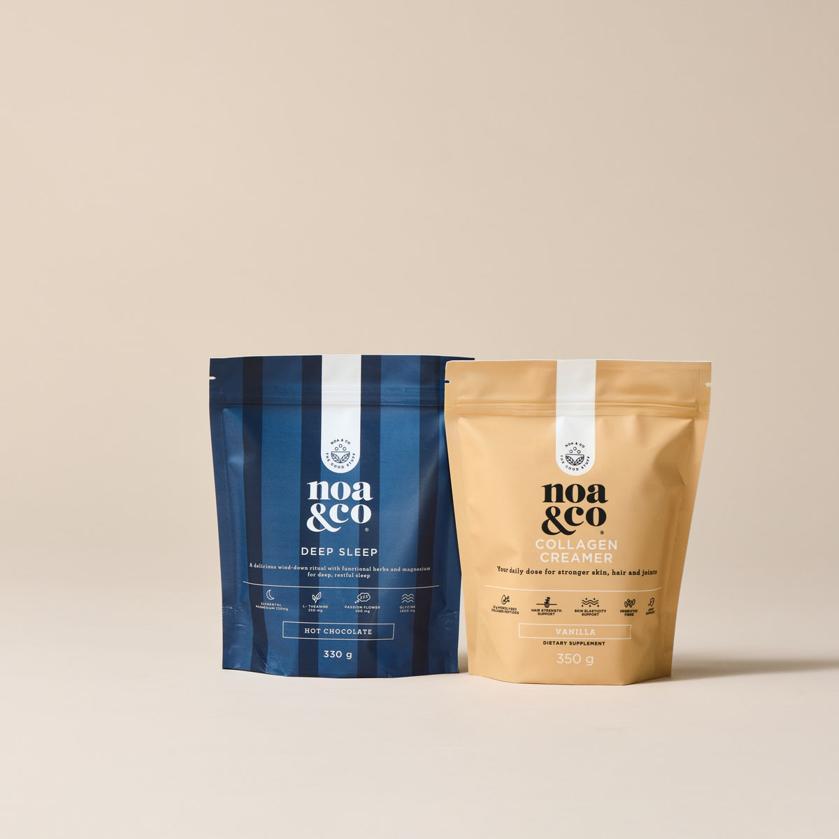 Noa & Co Deep Sleep and Collagen Bundle: Deep Sleep Hot Chocolate pouch and Vanilla Collagen Creamer pouch