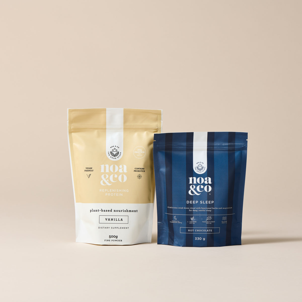 Noa & Co Deep Sleep and Vanilla Protein Bundle: Deep Sleep Hot Chocolate pouch and Vanilla Replenishing Protein pouch