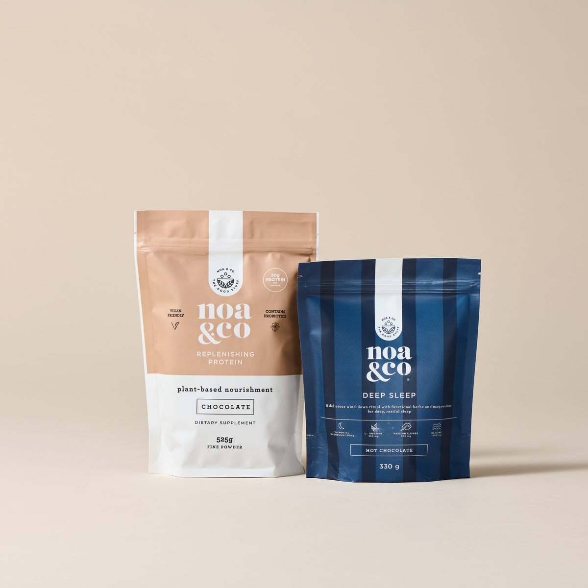 Noa & Co Deep Sleep and Chocolate Protein Bundle: Deep Sleep Hot Chocolate pouch and Chocolate Replenishing Protein pouch