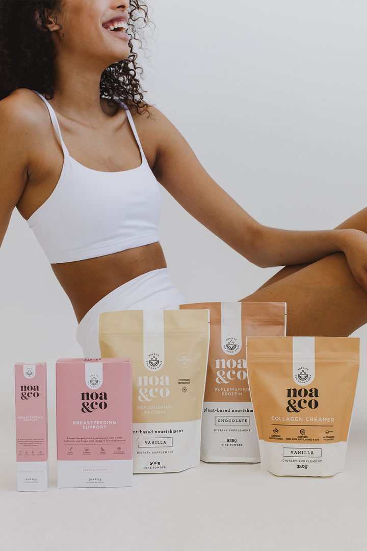 collection of products, collage, plant based chocolate protein, plant based vanilla protein, breastfeeding support powder supplement with a lady in the background | Noa & Co