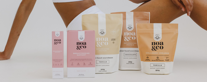 collection of products, collage, plant based chocolate protein, plant based vanilla protein, breastfeeding support powder supplement.| Noa & Co