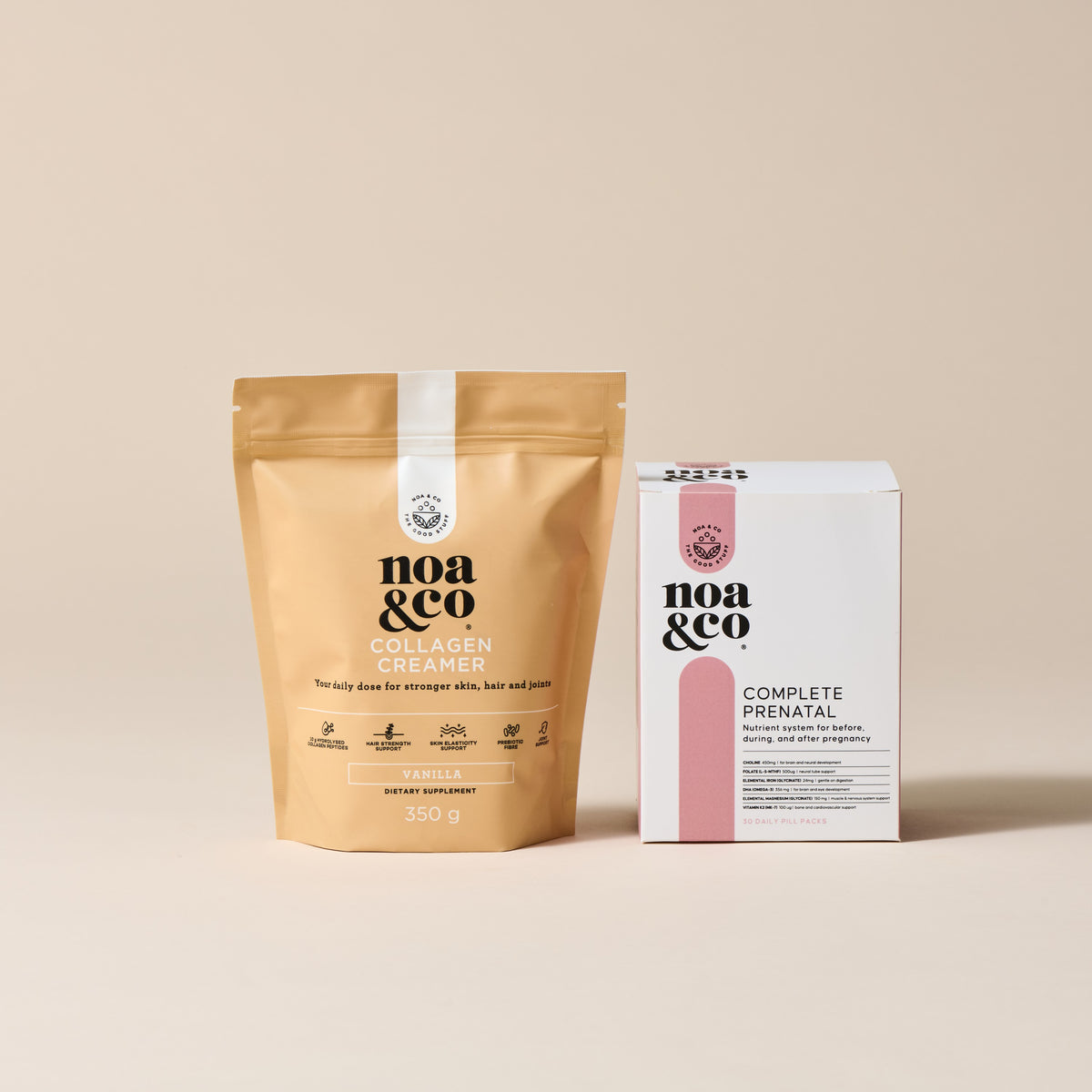 Noa &amp; Co Grow &amp; Glow bundle: Complete Prenatal box and Vanilla Collagen Creamer pouch