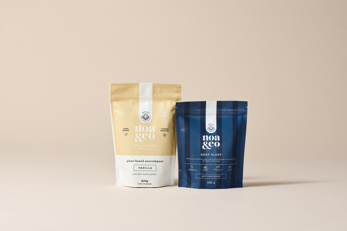 Vanilla Replenishing Protein and Deep Sleep Hot Chocolate pouches