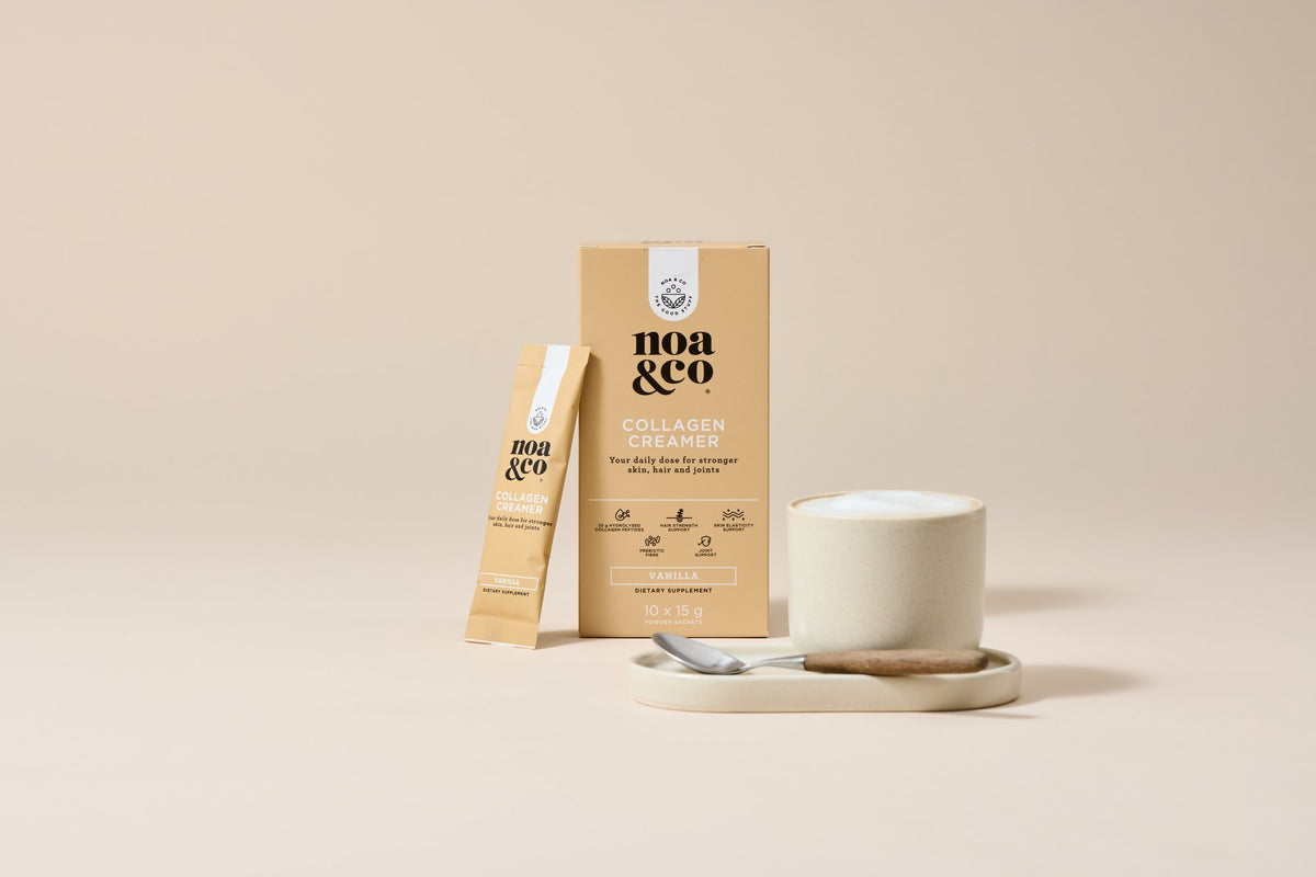 Collagen Creamer sachet box with a cappuccino