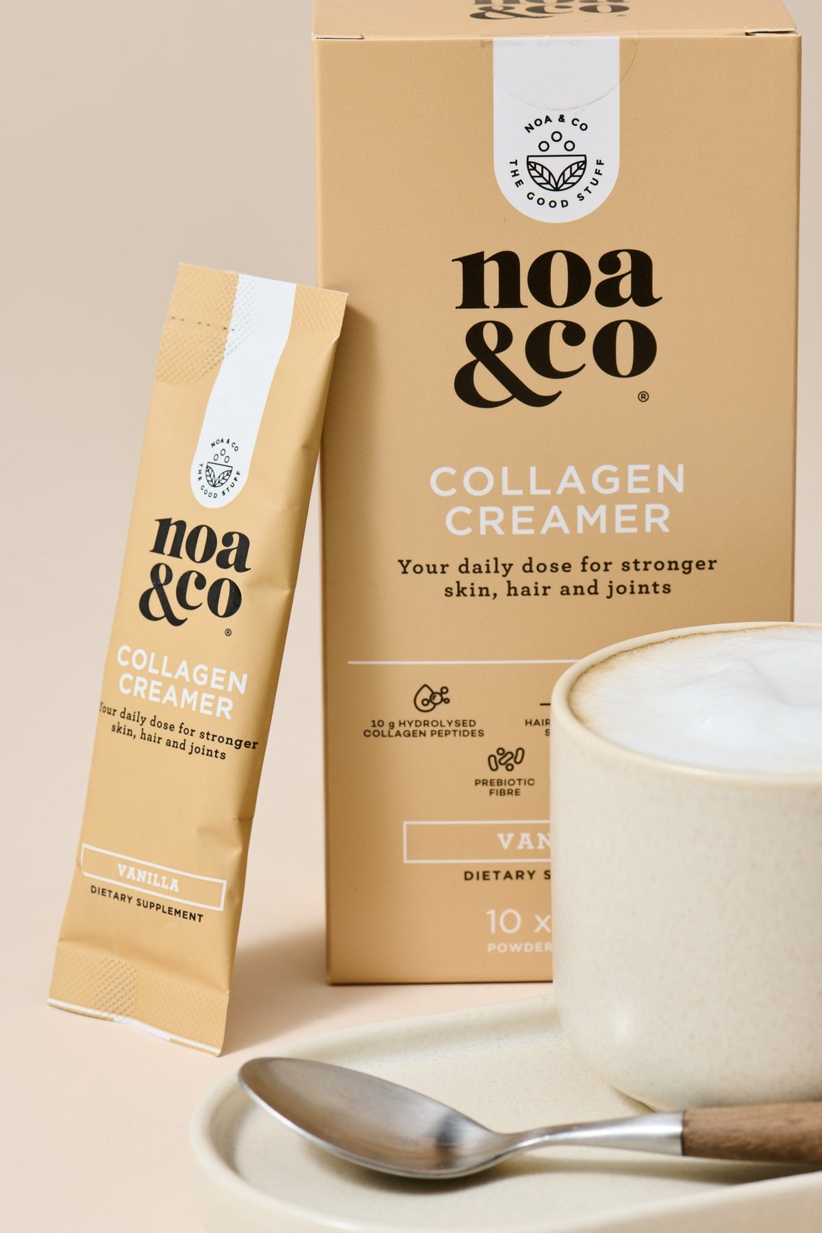 Collagen Creamer sachet box with a cappuccino