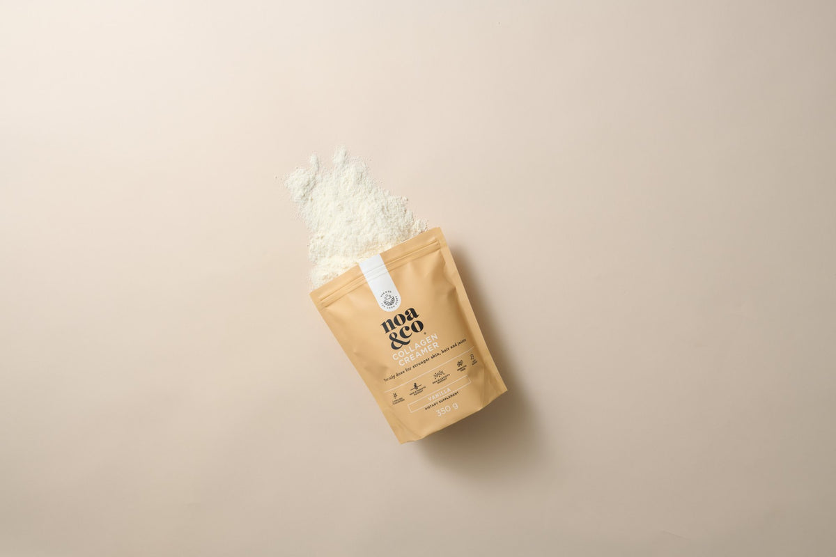 Collagen Creamer pouch with powder spilling out