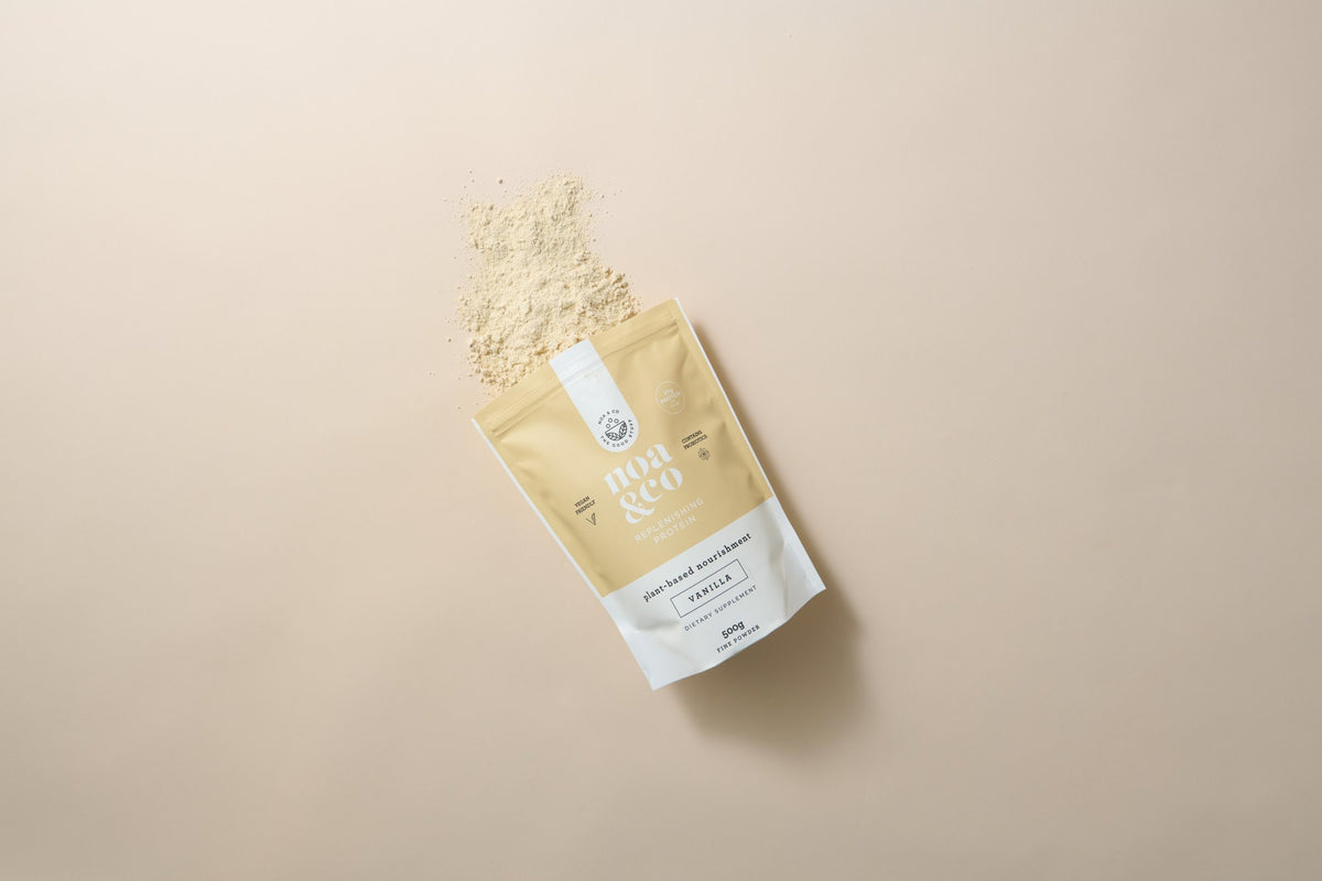 Vanilla Replenishing Protein pouch with powder spilling out