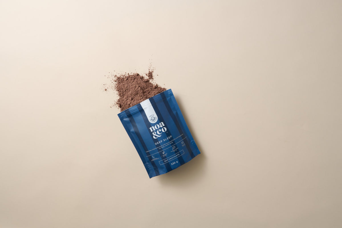 Deep Sleep Hot Chocolate pouch with powder spilling out